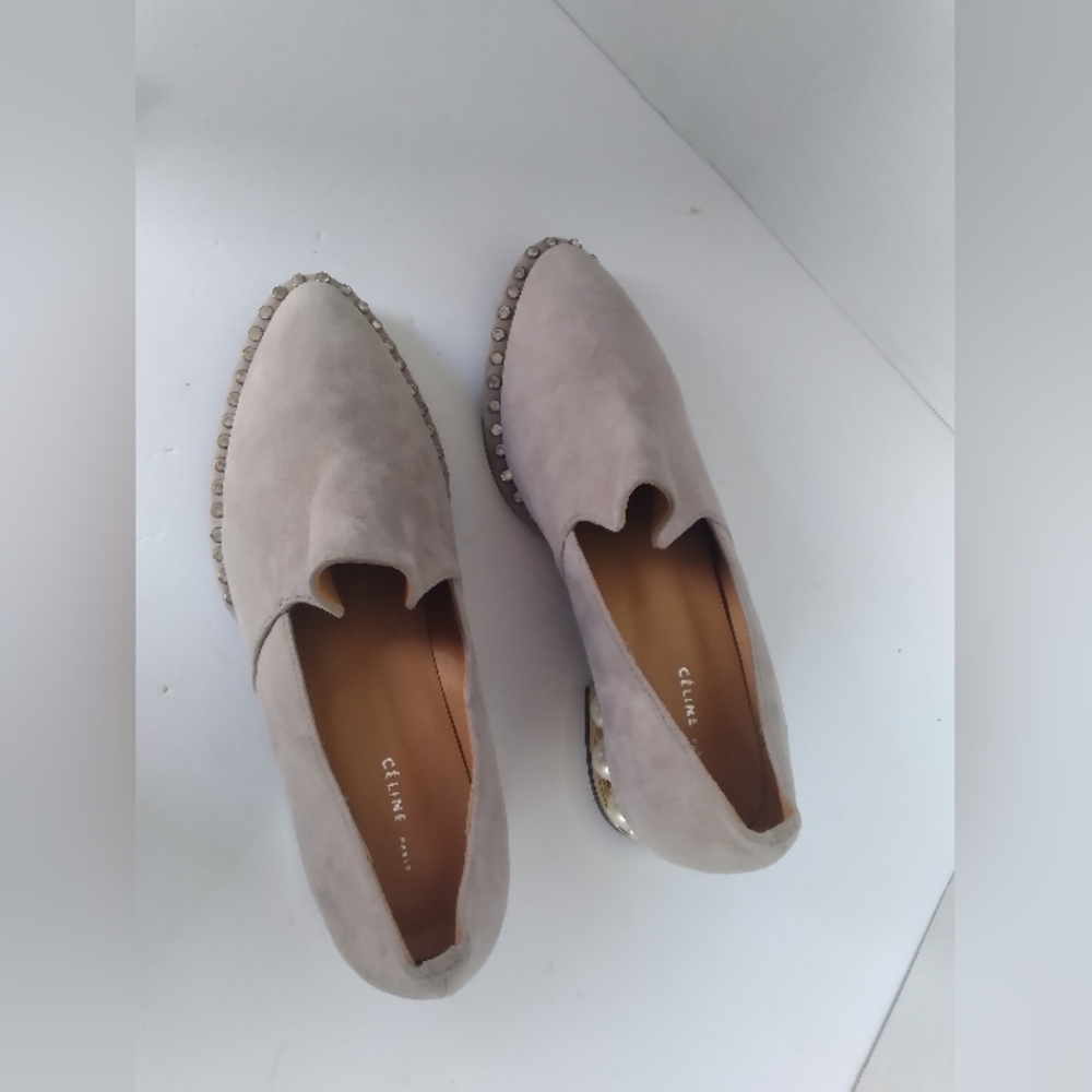 Designer Suede Loafers with Pearl-Studded Heel and Silver Trim Elegant Shoes - Picture 6 of 7